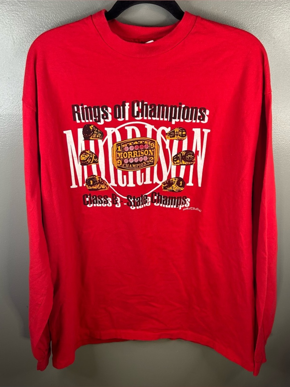 Vintage 90s 1992 Morrison State Champions Red Long Sleeve Hanes Shirt Size XL